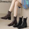 Fashion Square High Heel Women Chelsea Boots Fashion Slip On Shoes Retro Style Autumn Winter Square Toe Ladies Short Booties