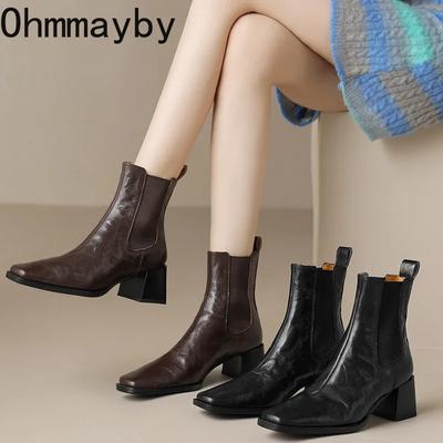 Мода квадратный каблук женские ботинки челси модные туфли без застежек ретро стиль осень зима квадратный носок женские короткие ботинки