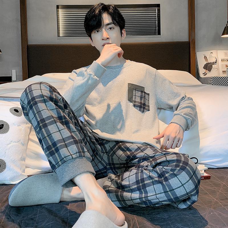 Весенне-осенняя мужская пижама, хлопковый домашний костюм для подростков, простая свободная пижама большого размера, домашний костюм