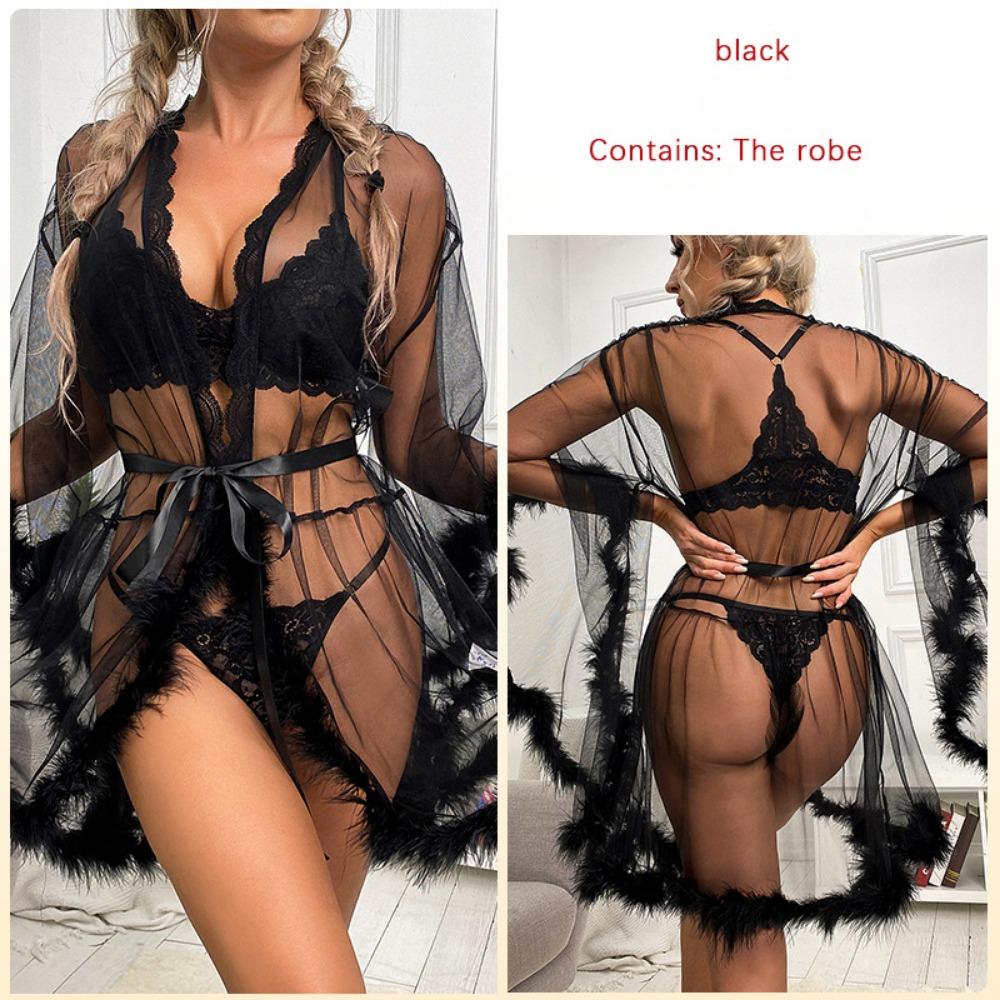 Sexy Lace Nightgown Mesh See-through Fluff Stitching Large Cuffs, Bathrobe Loungewear