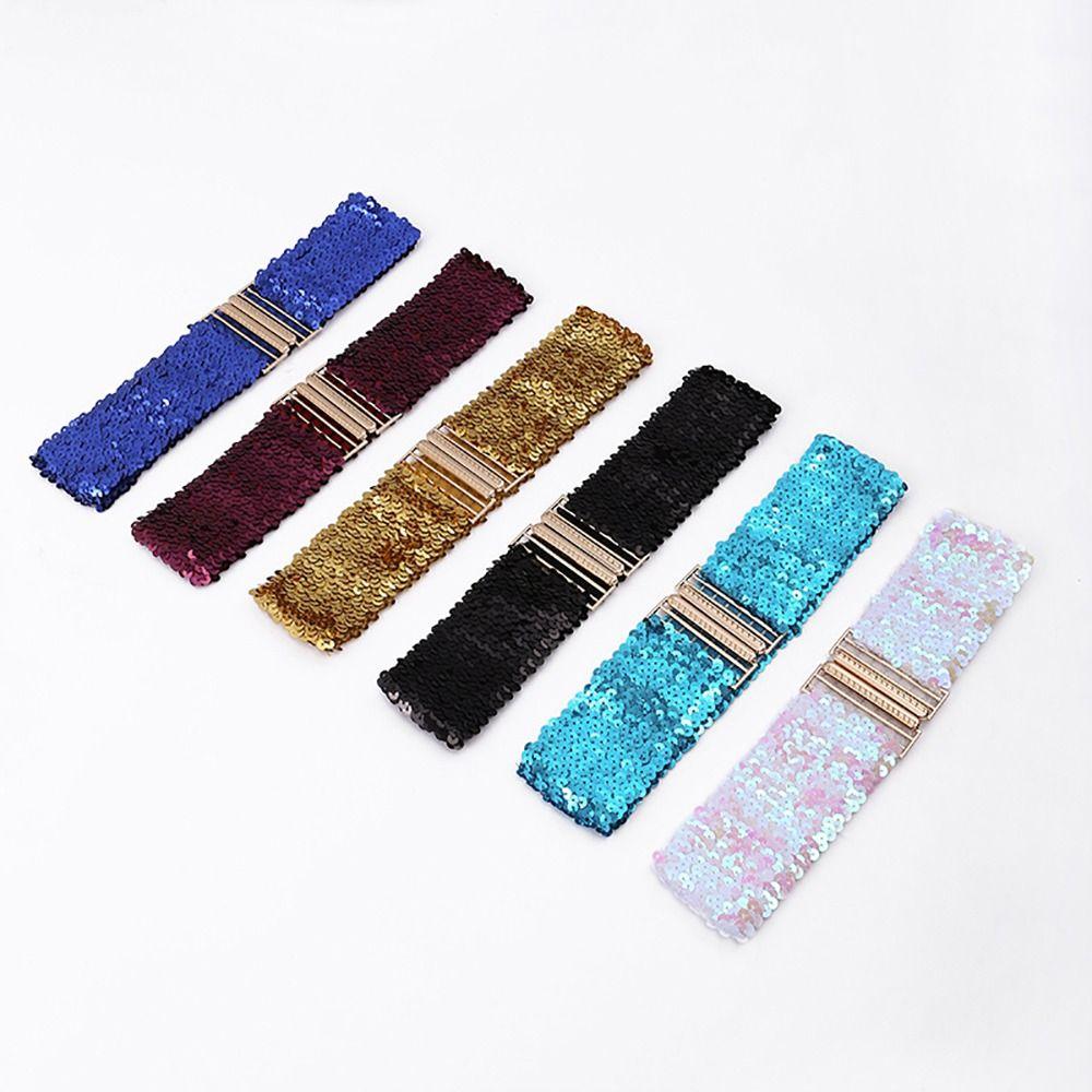Eye Catching Shinny Waistband Gold Buckle Disc Belts Special Design Sequin Stretch Belt Women Girl