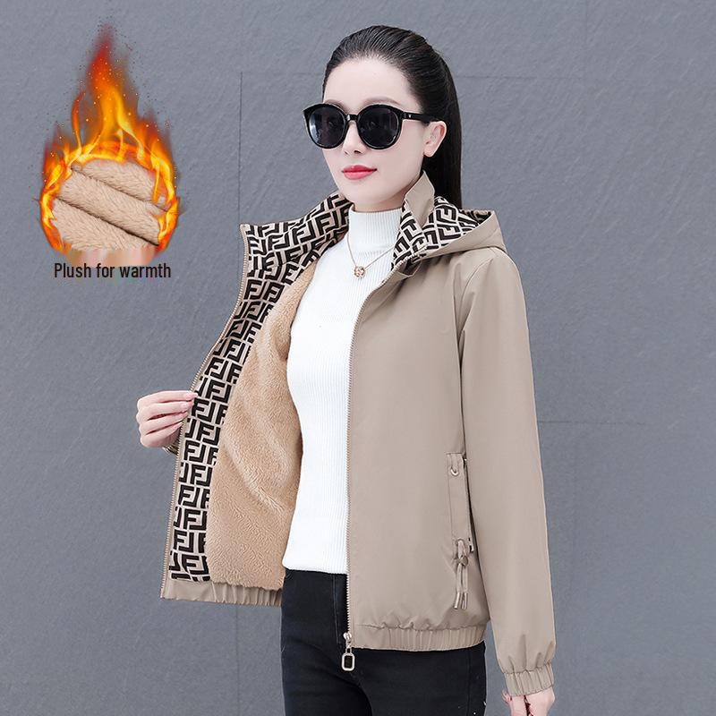 Women's Mid-Age Hooded Fleece Lined Jacket: Detachable & Warm for Autumn/Winter