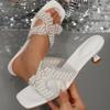 Large Size Summer New Fashion Temperament Pearl Rhinestone One-word High Heel Cool Slippers Women