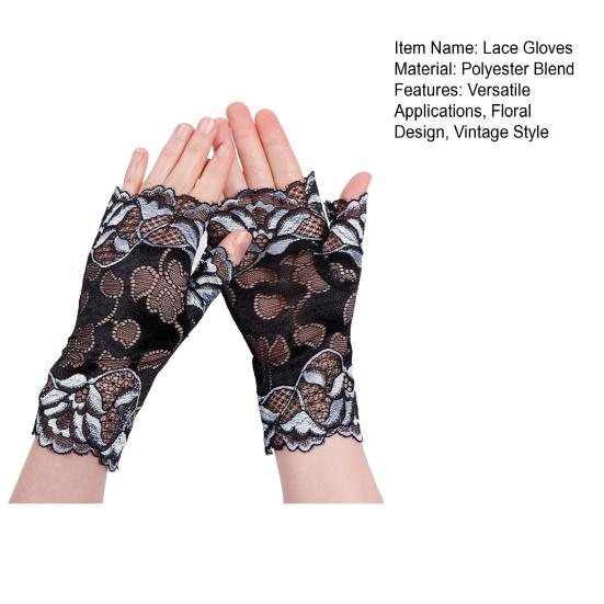 Women Sheer Lace Gloves Vintage Floral Wrist Gloves Fingerless Bridal Gloves for Derby Tea Party Opera Evening Prom Cosplay