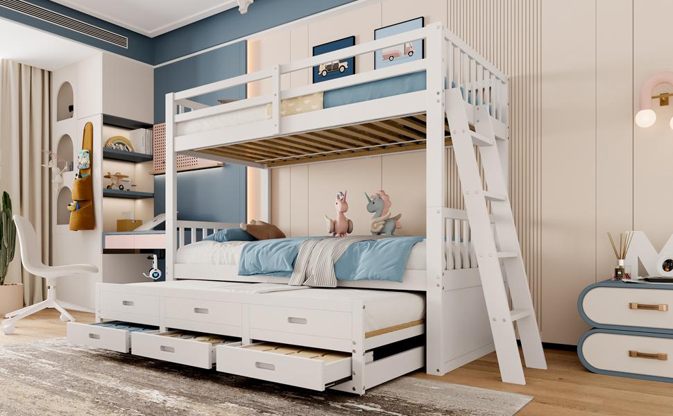 =(WX000121AAK)Bunk Bed 90x200cm, House Bed, Frame of Pine Wood and MDF with Ladder and Pull-Out Bed and 3 Drawers, Without Mattress, White