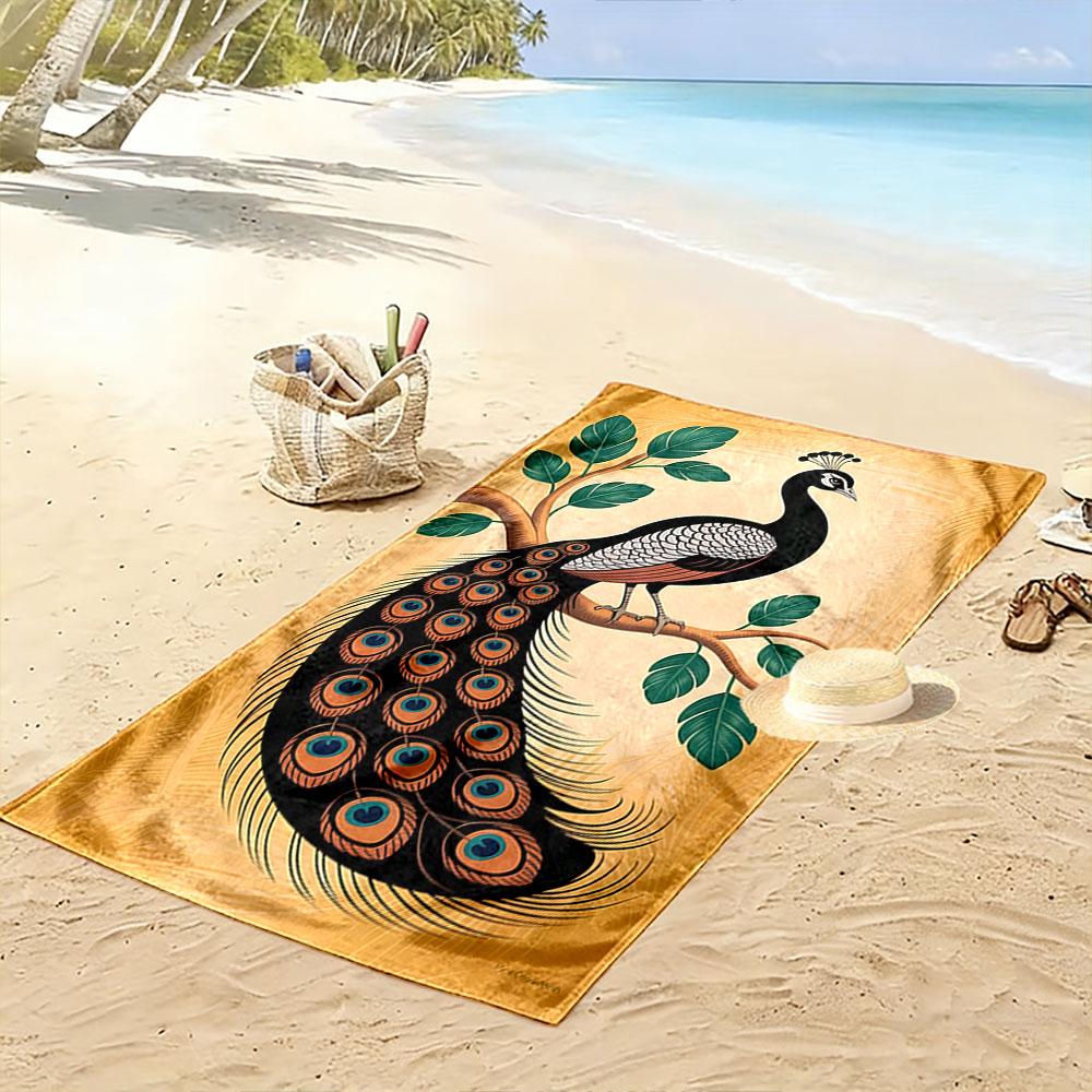 Graceful peacock on branch Print beach towel, quick drying, suitable for travel, outdoor sports, jogging, the beach and swimming, gift