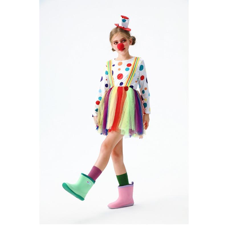 Kids Rainbow Clown Cosplay Dress, Halloween Stage Show Dance Puffy Tutu Outfit