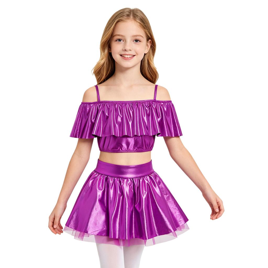 Girls Dancewear Off Shoulder Sleeveless Metallic Ruffle Crop Top and Shiny Tutu Skirt for Stage Competition Party Wear