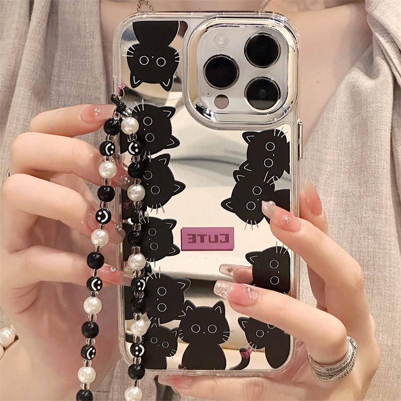Cartoon Silicone iPhone 15 Pro Case with Mirror and Bracelet for Apple 12 and 14 Pro Max
