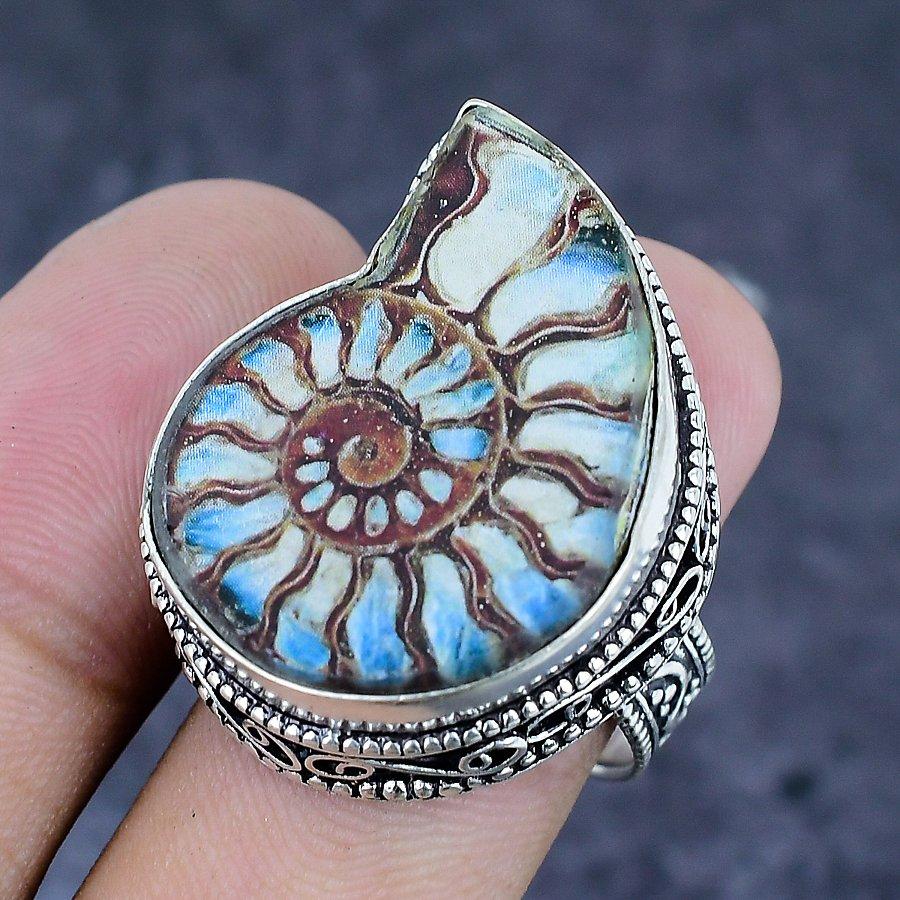 Ammonite Fossil Gemstone 925 Sterling Silver Jewelry Ring Size 9