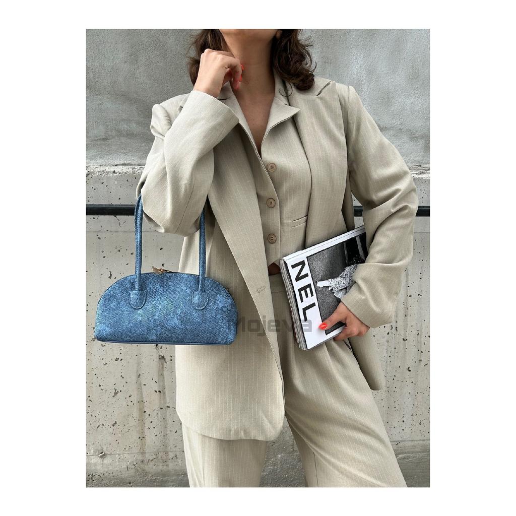 Long Handle Linen Black Women's Baguette, Hand And Shoulder Bag