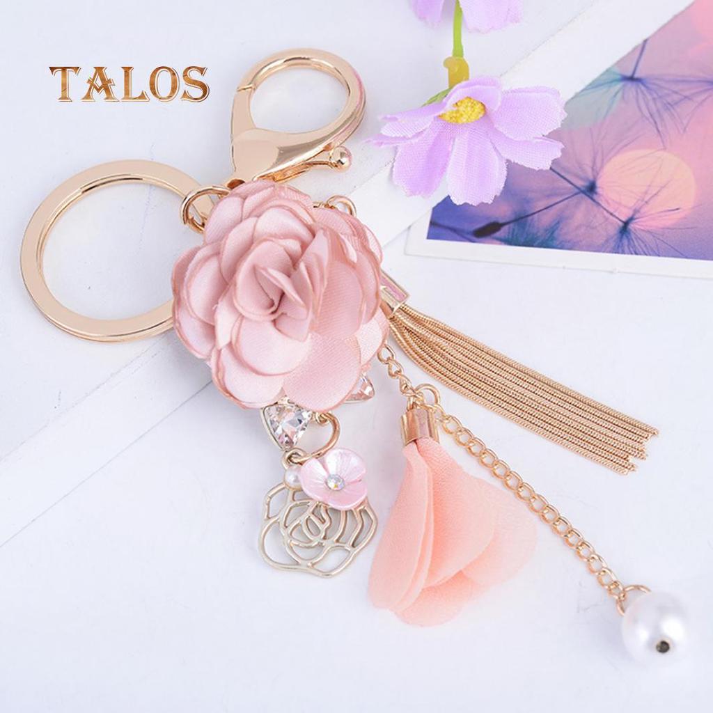 Fabric Flower Long Tassel Keychain Key Chain Keyring Women Handbag Hanging Decor Suspension Trinket