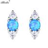 925 Sterling Silver Round White Blue Fire Opal Earrings For Women Small Zircon Birthstone Double Earrings Female Jewelry