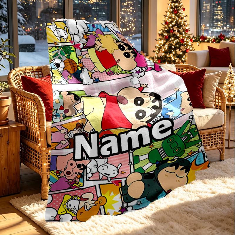 Custom Name Personalized Crayon Shin Print Blanket, Home Decor, Bedroom, Sofa, Camping, Couch, Gifts for Birthday ChristmasEnthusiasts