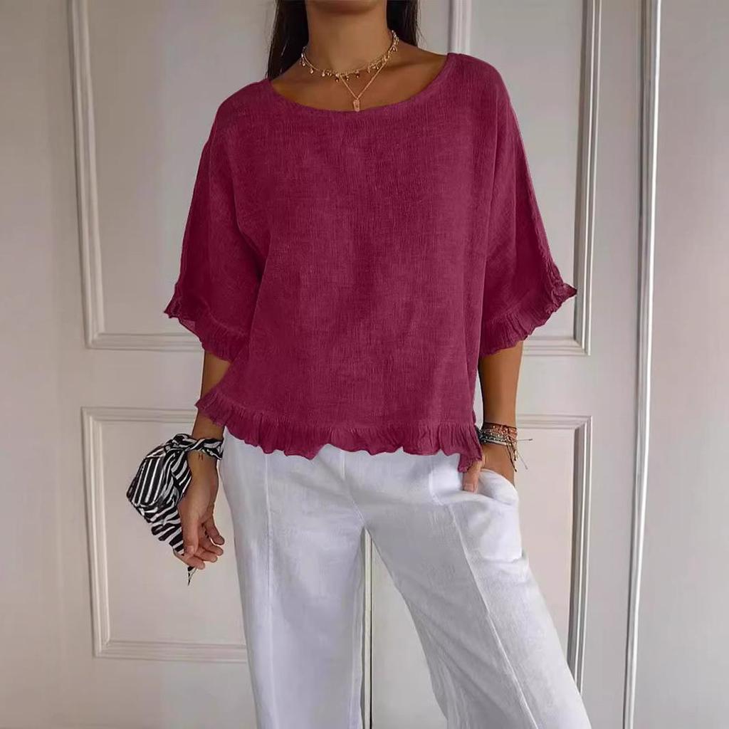 2025 Женская рубашка свободного кроя с коротким рукавом из хлопка и льна - Однотонная, с круглым вырезом, в европейско-американском стиле.