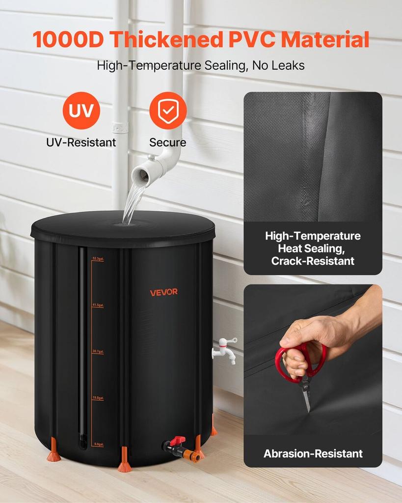 Collapsible Rain Barrel, 201 L Portable Rain Water Collection Barrel, 1000D PVC Rainwater Collection System, Garden Water Catcher Tank Storage