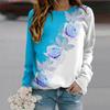 Fall Autumn Women'S Fashion O Neck Long Sleeve T-Shirt Loose Clothes Blue Pearl Rose Print T Shirt For Girls Street