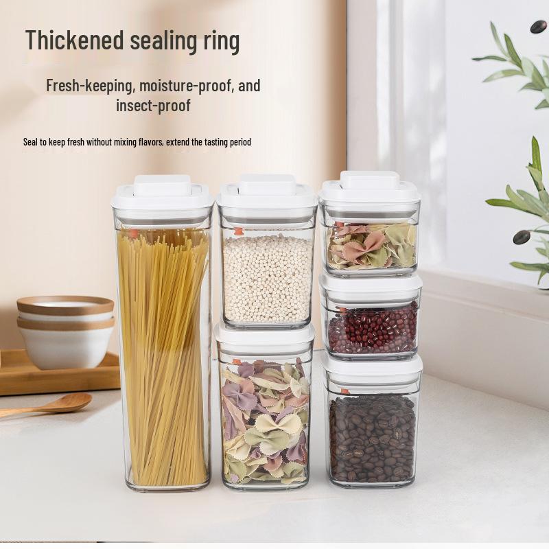 Square Clear Push-Type Storage Jar - Sealable Plastic Container for Kitchen Grains, Candy, and Fruit Powder