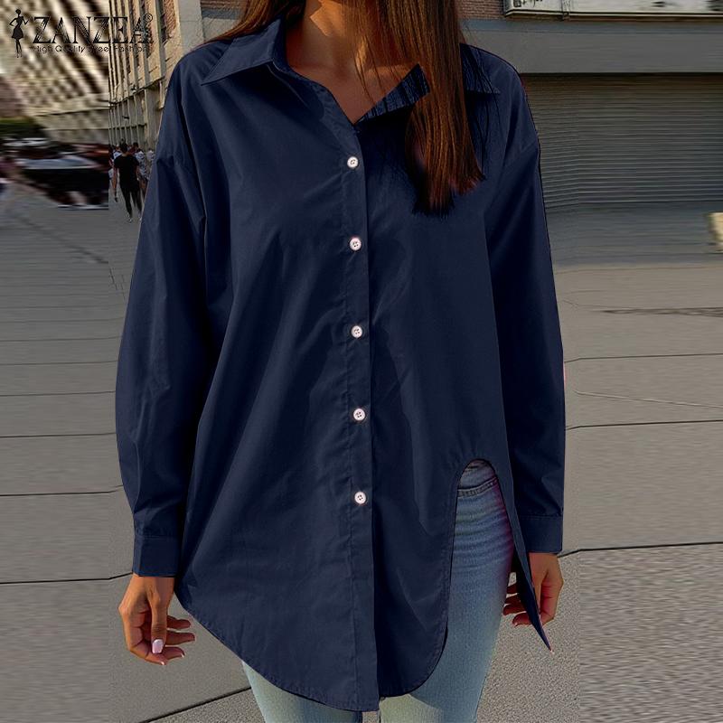 ZANZEA Women Vintage Shirt Collar Irregular Hem Long Sleeve Shirts