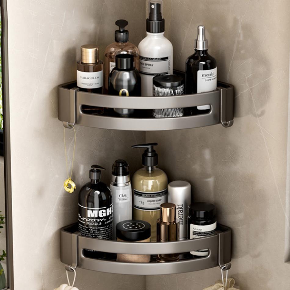 Прямоугольная полка для ванной комнаты, алюминиевая, серая, для туалета, кухни, для ванной, для хранения шампуня, мыла, треугольная полка с крючками, бесплатный гвоздь