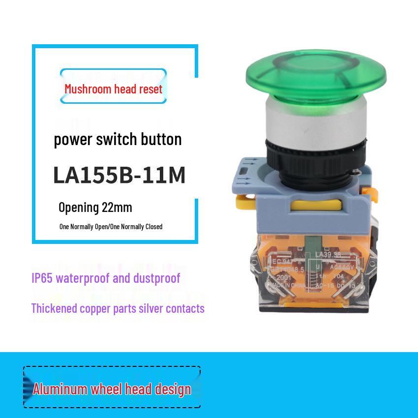 22MM LA155B-11M Waterproof Reset Switch, Mushroom Head, Silver Contacts, Single Pole Single Throw