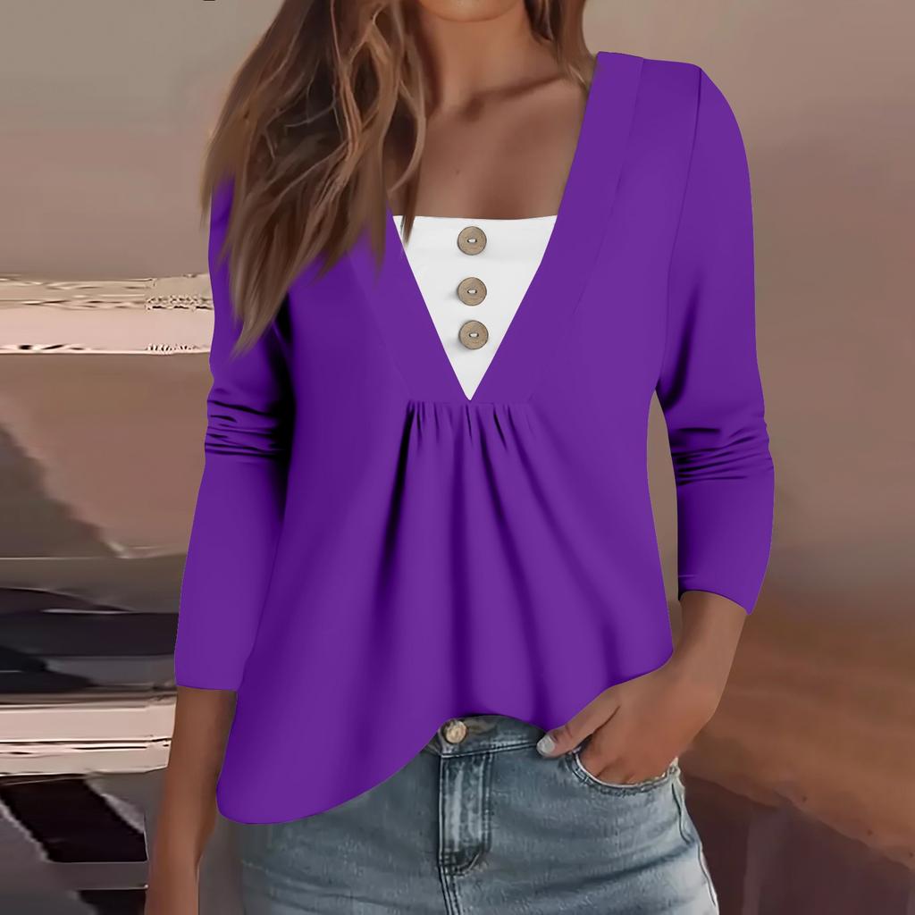 Women's Fashion Casual Long Sleeve Shirt Solid Color Button V Neck Up Tops