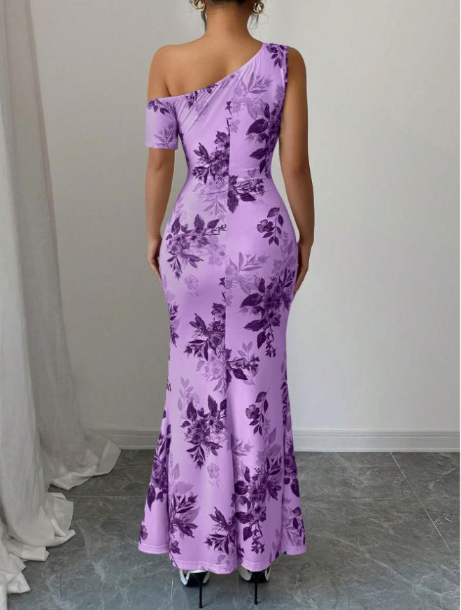 2025 New One-Shoulder High-Waisted Print Slimming Long Dress
