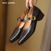 2024 New Women Pumps Genuine Leather Square Toe Buckle Strap Shoes Woman Thick Heels Spring Summer Basic Working Office Lady