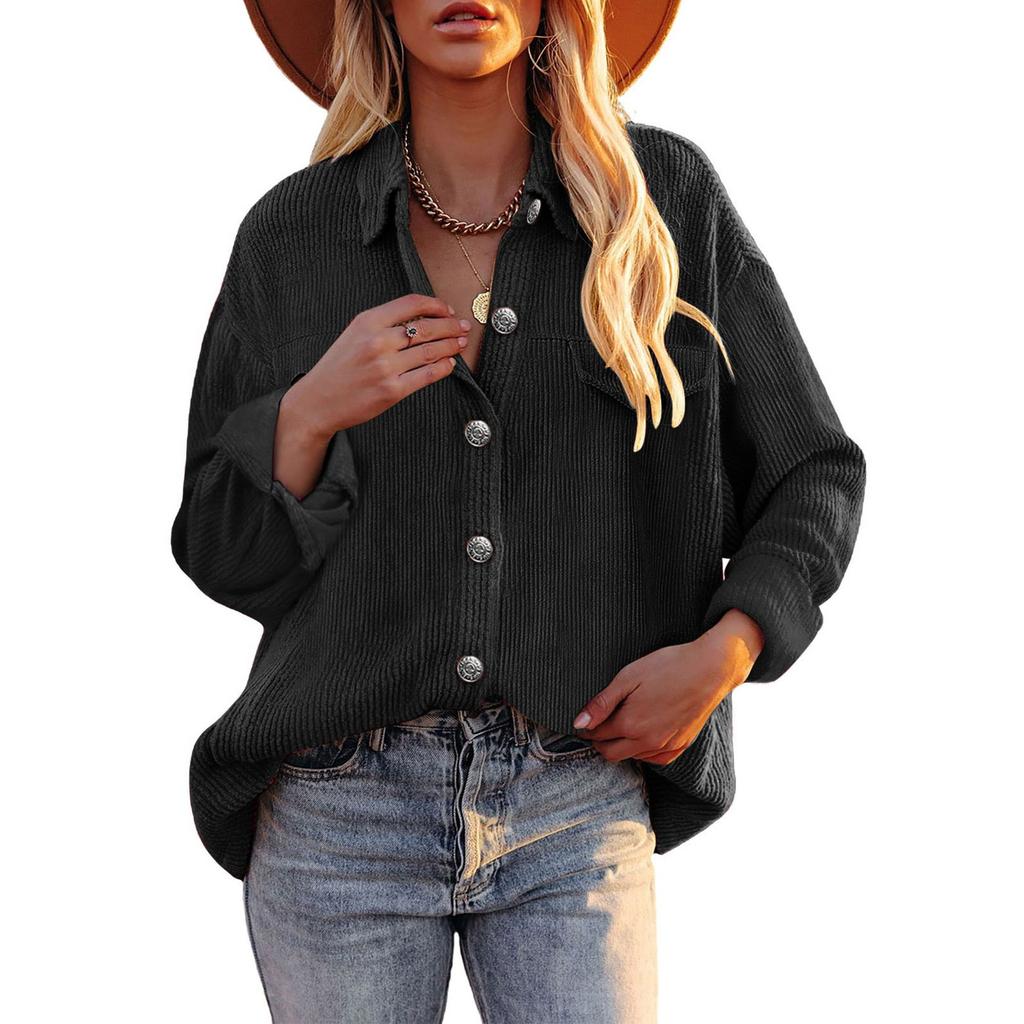 Женская повседневная вельветовая однотонная рубашка с лацканами, однобортное свободное пальто