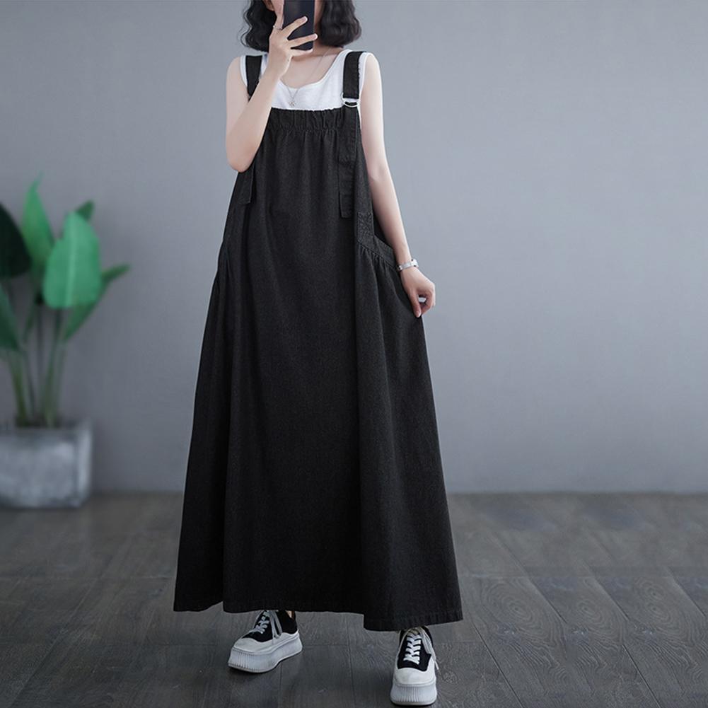 Женское летнее винтажное свободное джинсовое платье с регулируемыми бретелями и квадратным воротником сбоку