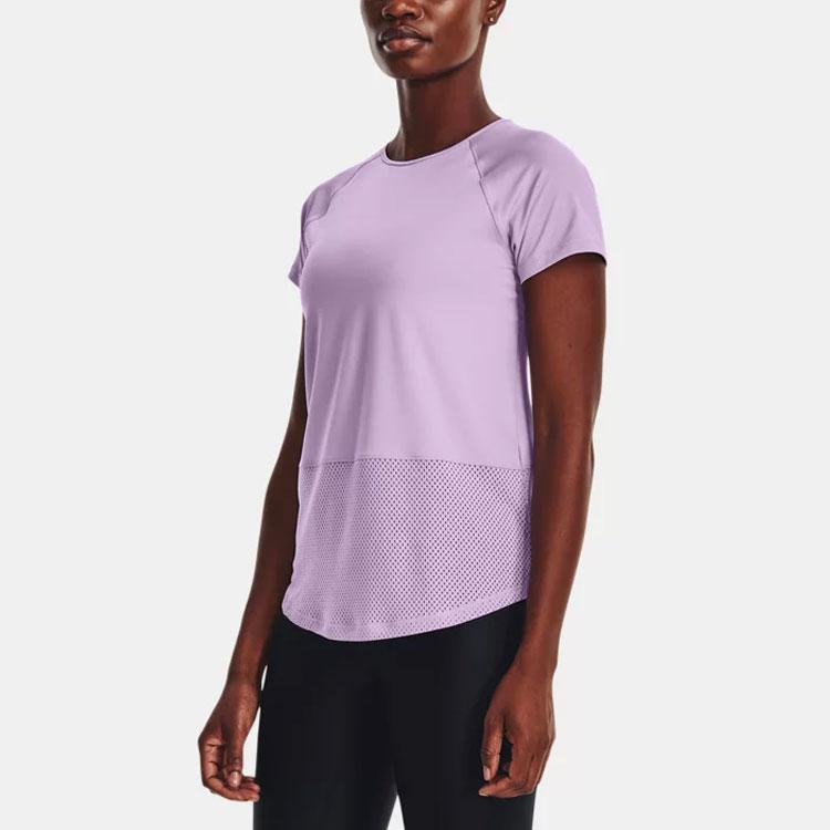 Under Armour Breathelux Solid Back Outcut Training Sports Celebrity Neck Short Sleeve T Shirt Women Tops Purple 1370867-566