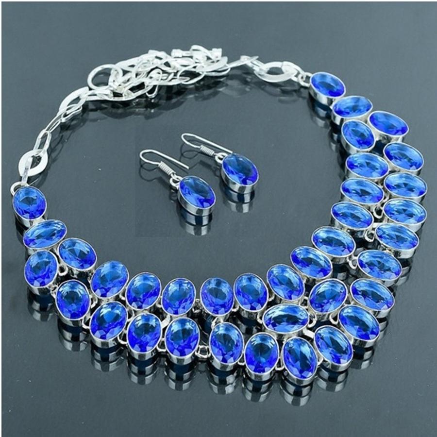 Tanzanite Quartz Oval Shape Gemstone Jewelry Set Handmade Gift Necklace Earrings