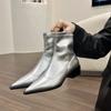 Толстый каблук острый носок тонкий зарубежный стиль маленькие короткие ботинки женская обувь 2025 новый серебристый французский темперамент весенне-осенние одинарные ботинки