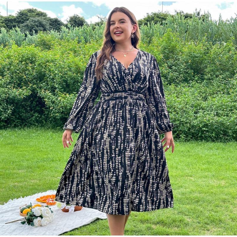 V-образный вырез свободная талия плюс размер женское платье принтованные модные платья