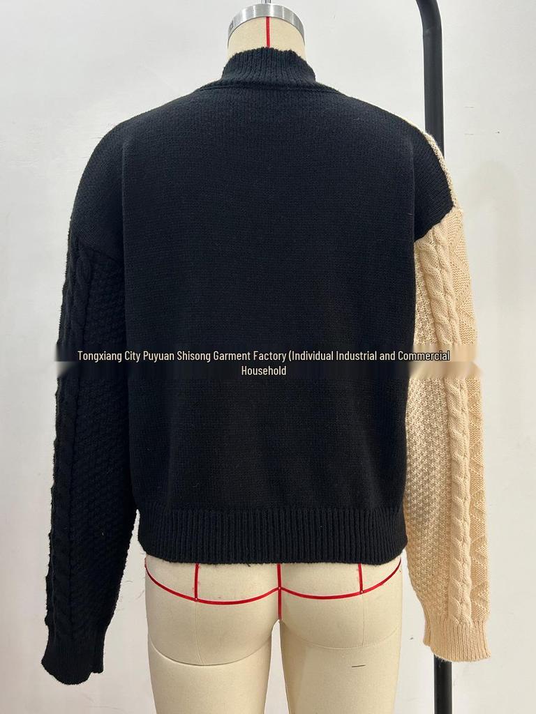 Women's Color Block Half-High Collar Cable Knit Sweater - Autumn/Winter European & American Loose Casual Style