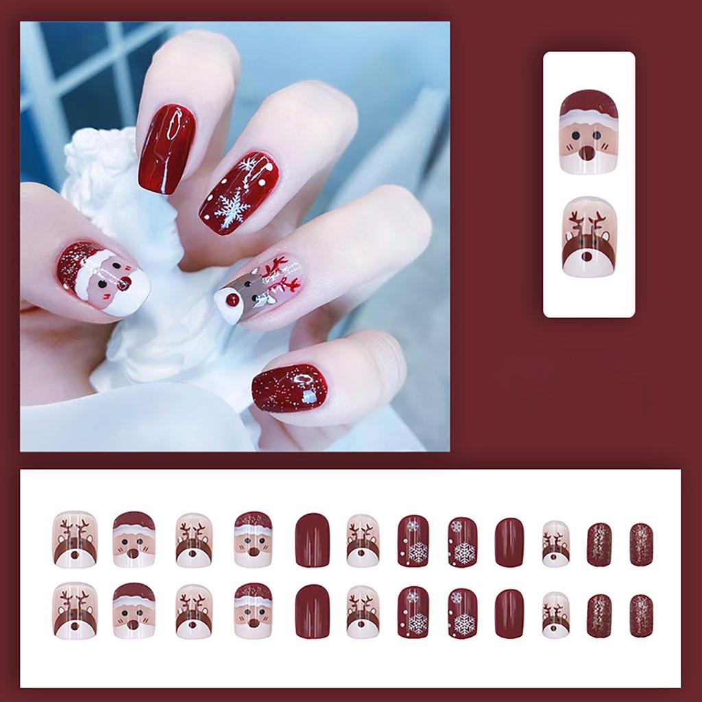 Рождественские накладные ногти короткие накладные ногти квадратные красные полностью покрывающие клеем ногти рождественские ногти с милым дизайном очень короткие с 2 мл клея