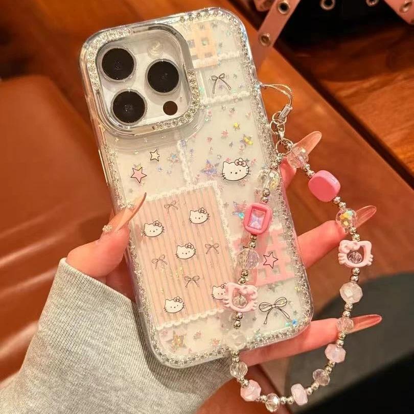 Bow striped Kitty for Apple 17 mobile phone case iPhone16Pro laser 14 flash diamond stars 15 sets