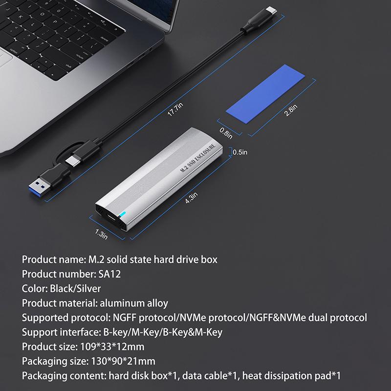 Корпус для внешнего SSD M.2 NVMe PCIe / NGFF SATA с двойным протоколом, 10 Гбит/с, USB Type-C, поддержка ключей M и B&M