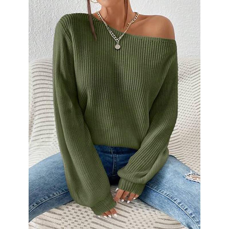 Вязаный свитер с открытыми плечами женский Новая повседневная одежда Длинный рукав Вырез лодочкой Осень Зима Базовые Свободные Свитера Оверсайз