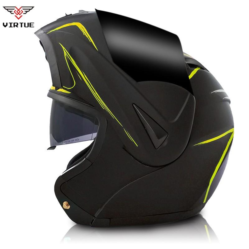 VIRTUE Full Face Motorcycle Helmet With Dual Lens Carbon Fiber Style Decal ABS Shell Flip-Up Design Adult Riders
