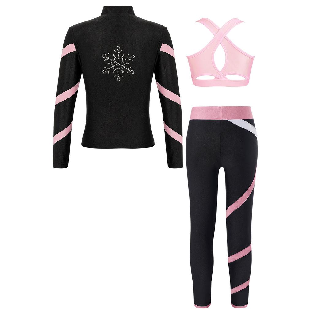 Teen Girls Figure Skating Sports Suit 3Pcs Bra Tops Shorts Leggings Jacket Set for Workout Gymnastics Fitness Yoga Training
