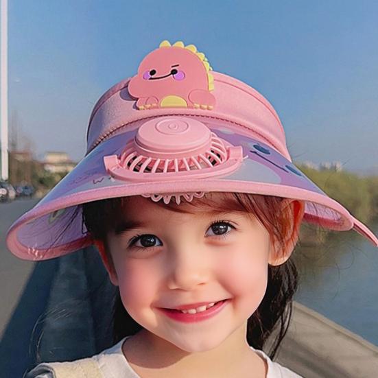 Кепка-козырек от солнца для детей с мультяшным рисунком и вентилятором для зарядки через USB UPF50+, летняя пляжная охлаждающая шляпа с пустым верхом и широкими полями для мальчиков и девочек 3–10 лет