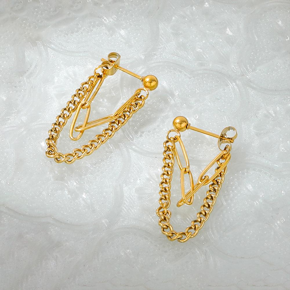 Fenny Jewelry 18K Gold-plated Double Layer Pin Link Cuban Chain Tassel Drop Hoop Stainless Steel Earring for Women