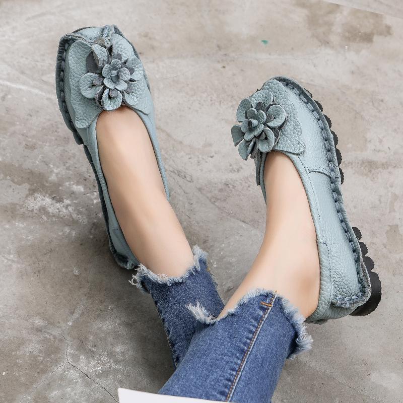 Women Loafers Genuine Split Leather Flat Heels Flower Round Toe Soft Solid Sandals Platform Ladies Shoes
