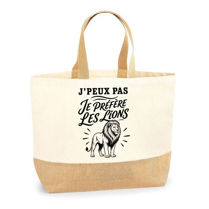 Sac J’peux pas je préfère les Lions J'peux pas minimaliste | Cabas en Coton avec Fond Jute 18 L 48 × 37 × 13 cm | Marché Shopping