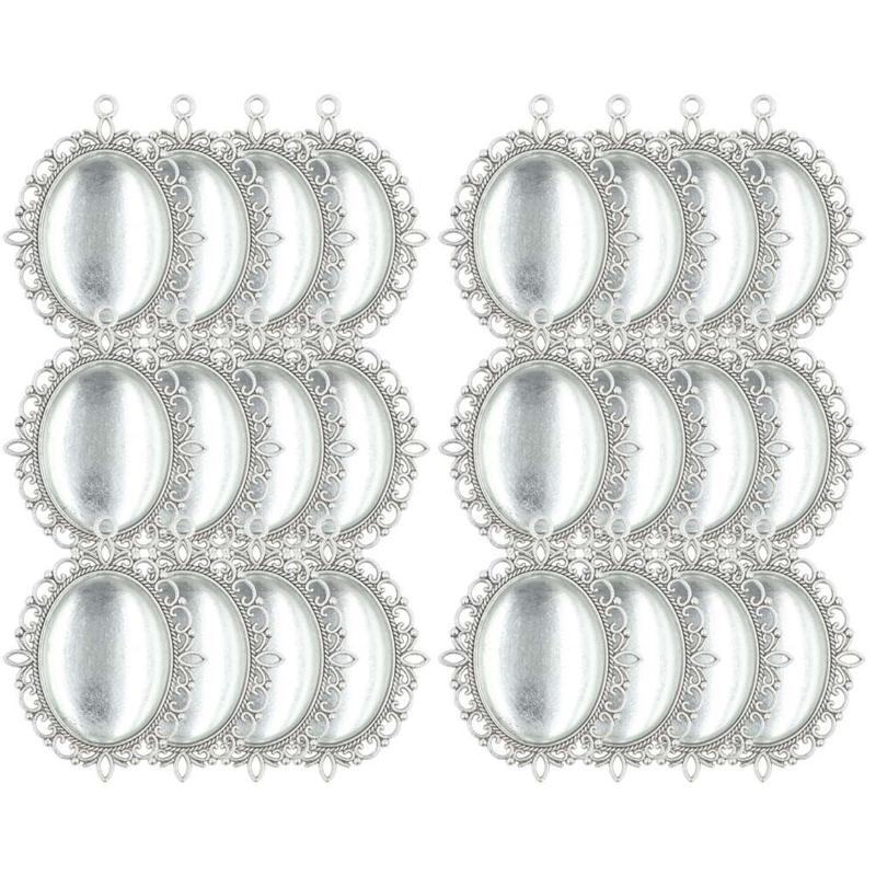 10 Set Metal Alloy Pendant Trays Oval Bezel Trays DIY Vintage Blank Pendant Bases with Transparent Glass Cabochons