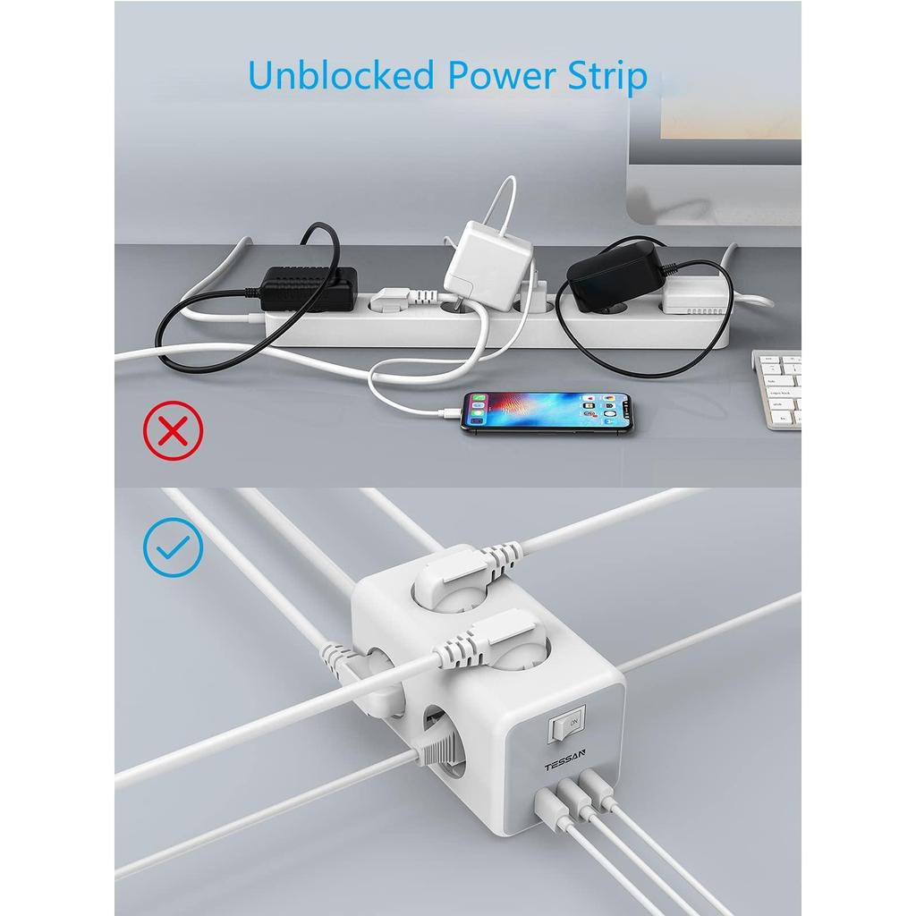 Tessan Power Strip European Multi Plug Cube Socket with Switch 6 Outlets 3 USB Charging Ports 2M Extension Cable for Home