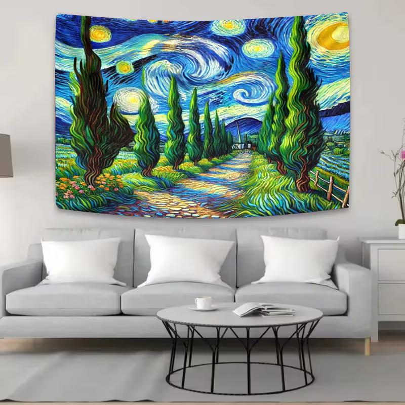 2D Impressionist Landscape Backdrop - Van Gogh Inspired Starry Night Tapestry for Photoshoot