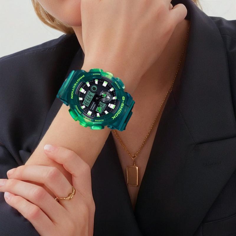 Casio Серия G-Shock Фаза прилива и отлива Ударопрочный, Магнитоустойчивый и Водонепроницаемый Механизм Желеобразный Полупрозрачный Зеленый Кварцевый Механизм Смола GAX-100MSA-3A