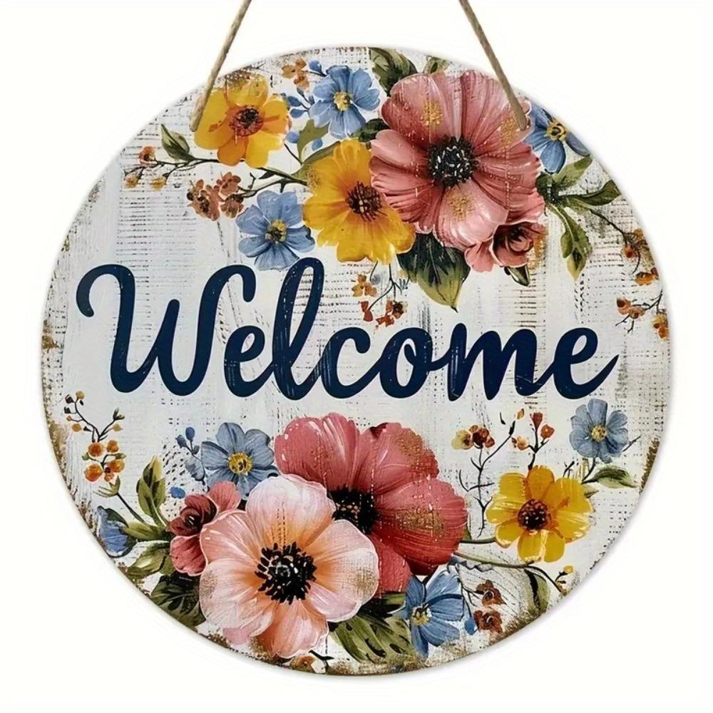 Vintage Welcome Flower Plant Sign, Round Wooden Wreath Sign for Home Room Farmhouse Porch Bar Cafe Wall Decor, Gift for Friends
